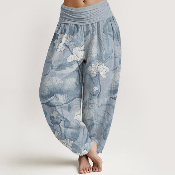 Pantalon sarouel taille élastique en pur coton motif lotus pour femme avec Buddha Stones
