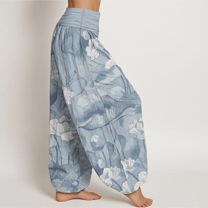 Pantalon sarouel taille élastique en pur coton motif lotus pour femme avec Buddha Stones