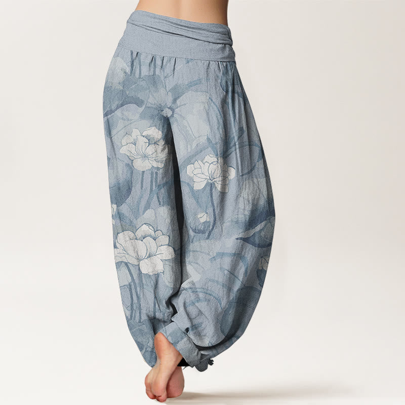 Pantalon sarouel taille élastique en pur coton motif lotus pour femme avec Buddha Stones