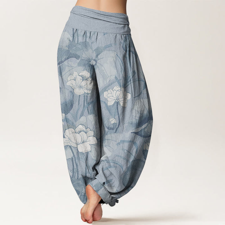 Pantalon sarouel taille élastique en pur coton motif lotus pour femme avec Buddha Stones