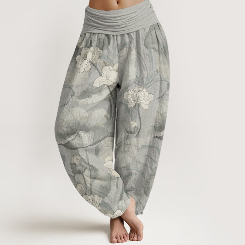 Pantalon sarouel taille élastique en pur coton motif lotus pour femme avec Buddha Stones