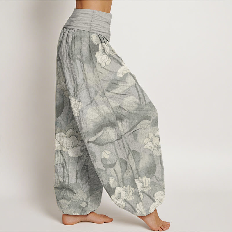 Pantalon sarouel taille élastique en pur coton motif lotus pour femme avec Buddha Stones