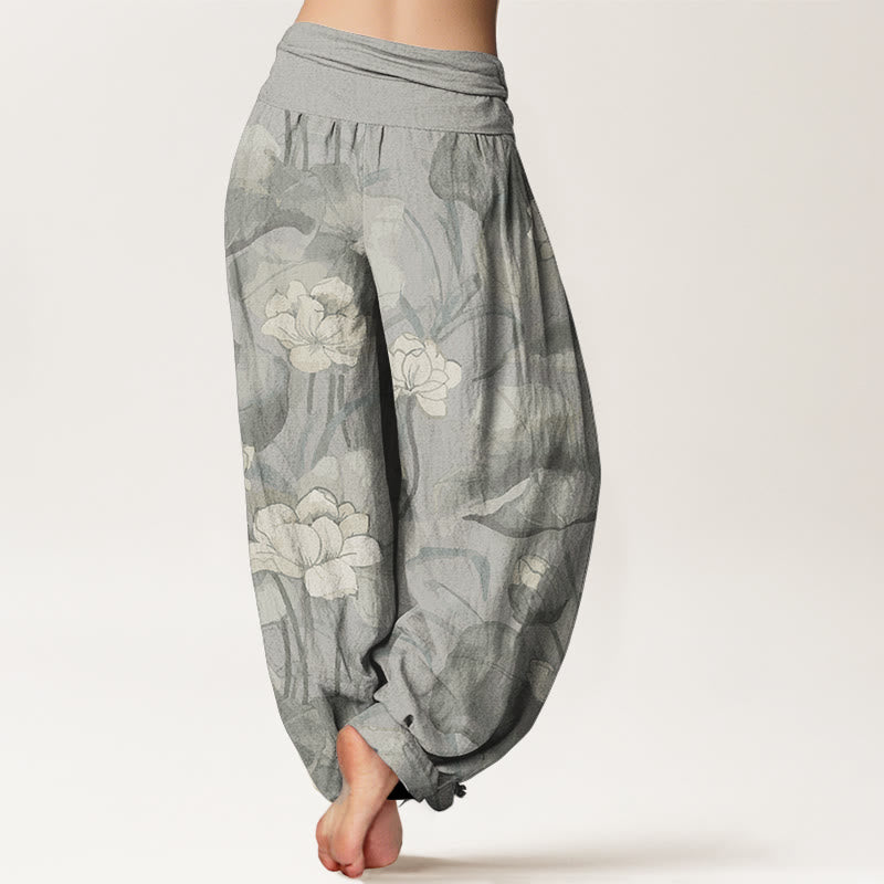 Pantalon sarouel taille élastique en pur coton motif lotus pour femme avec Buddha Stones
