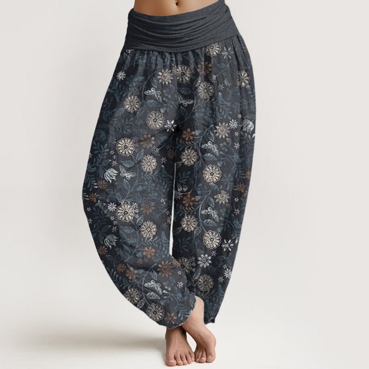 Pantalon Buddha Stones décontracté en pur coton avec motif de fleurs et de feuilles d'aster de New York pour femme, taille élastique