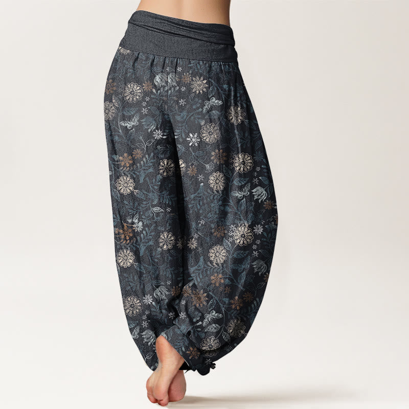 Pantalon Buddha Stones décontracté en pur coton avec motif de fleurs et de feuilles d'aster de New York pour femme, taille élastique