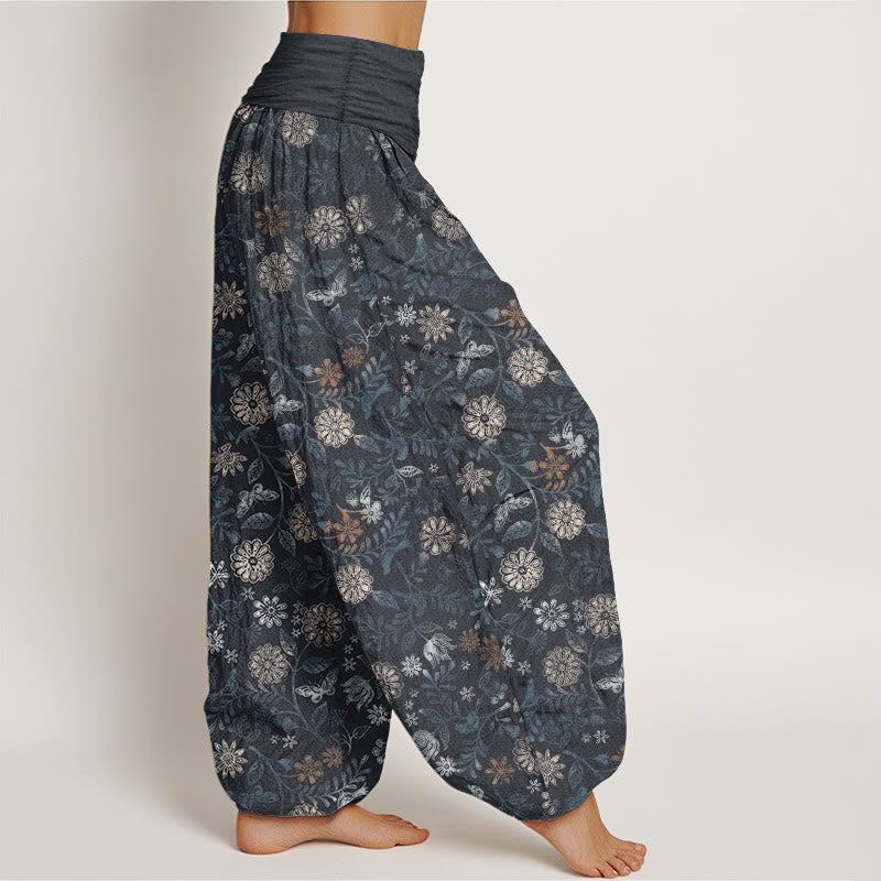 Pantalon Buddha Stones décontracté en pur coton avec motif de fleurs et de feuilles d'aster de New York pour femme, taille élastique