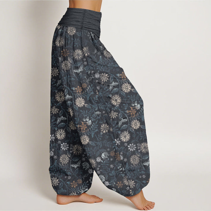 Pantalon Buddha Stones décontracté en pur coton avec motif de fleurs et de feuilles d'aster de New York pour femme, taille élastique