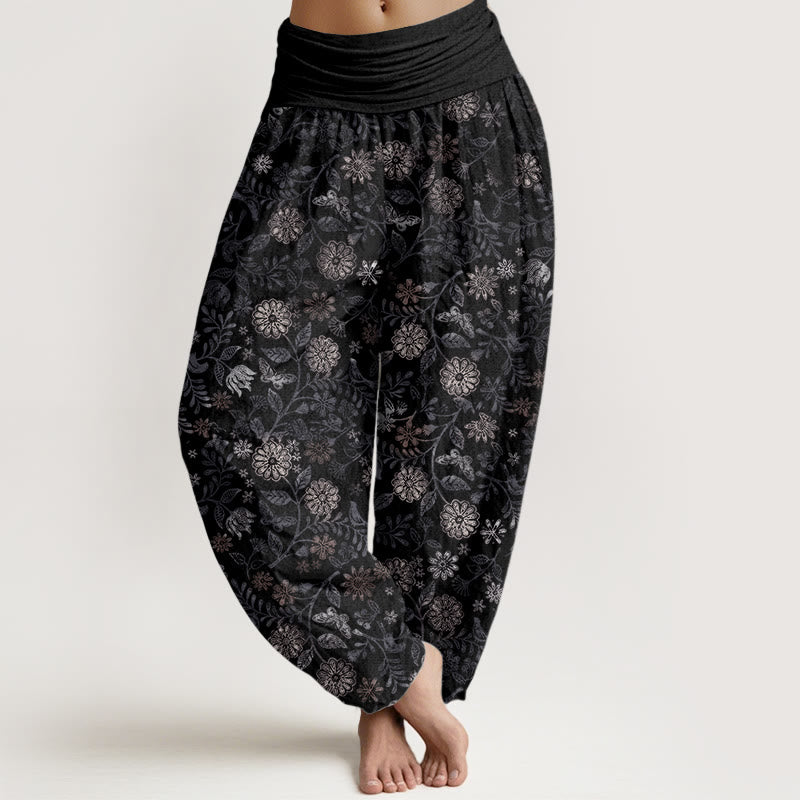 Pantalon Buddha Stones décontracté en pur coton avec motif de fleurs et de feuilles d'aster de New York pour femme, taille élastique