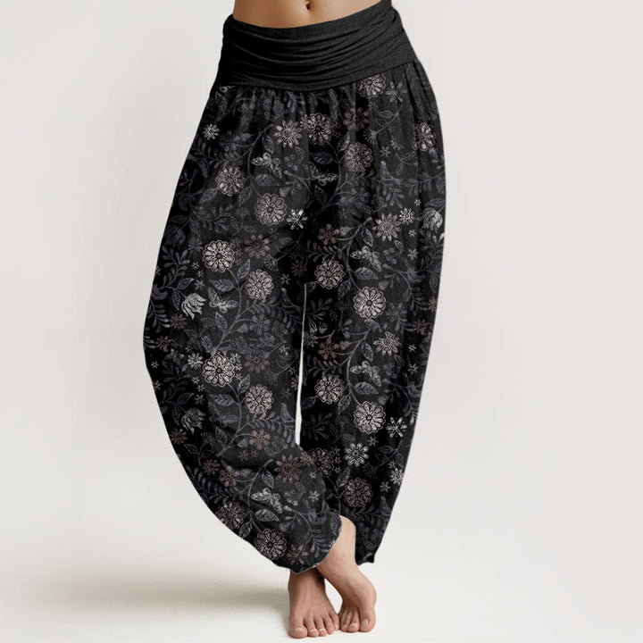 Pantalon Buddha Stones décontracté en pur coton avec motif de fleurs et de feuilles d'aster de New York pour femme, taille élastique