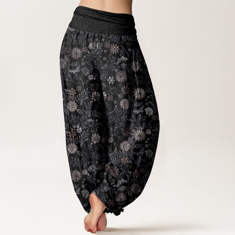 Pantalon Buddha Stones décontracté en pur coton avec motif de fleurs et de feuilles d'aster de New York pour femme, taille élastique