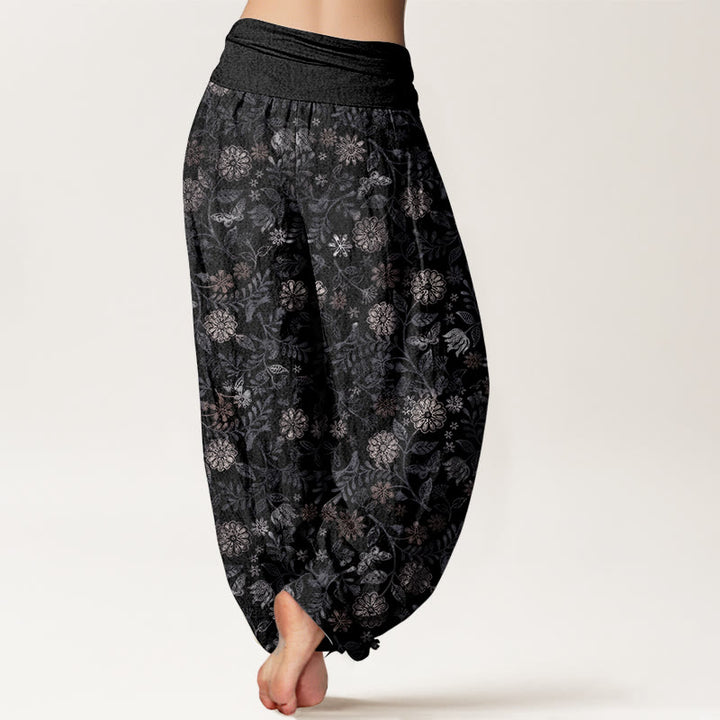 Pantalon Buddha Stones décontracté en pur coton avec motif de fleurs et de feuilles d'aster de New York pour femme, taille élastique