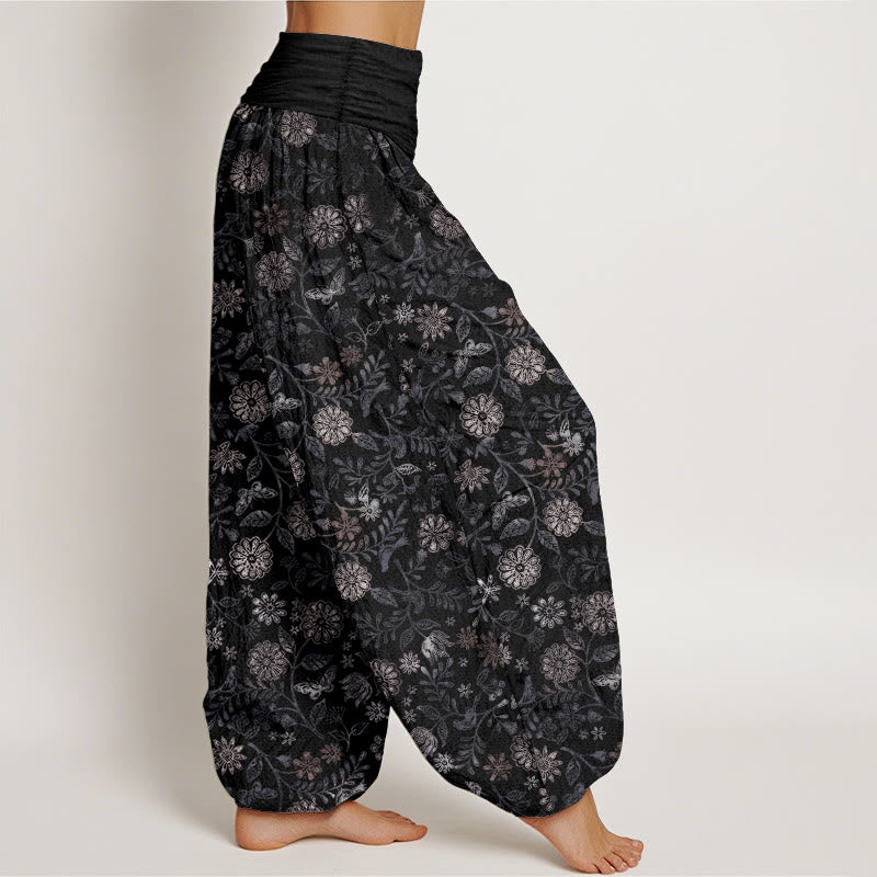Pantalon Buddha Stones décontracté en pur coton avec motif de fleurs et de feuilles d'aster de New York pour femme, taille élastique