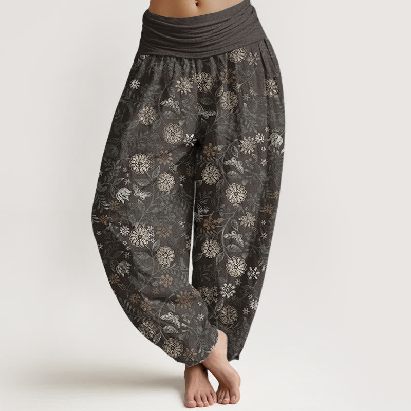 Pantalon Buddha Stones décontracté en pur coton avec motif de fleurs et de feuilles d'aster de New York pour femme, taille élastique - DarkKhaki - US22，UK/AU26，EU54 (6XL) - image 9