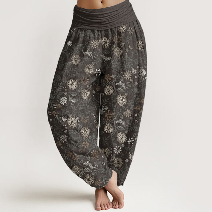 Pantalon Buddha Stones décontracté en pur coton avec motif de fleurs et de feuilles d'aster de New York pour femme, taille élastique