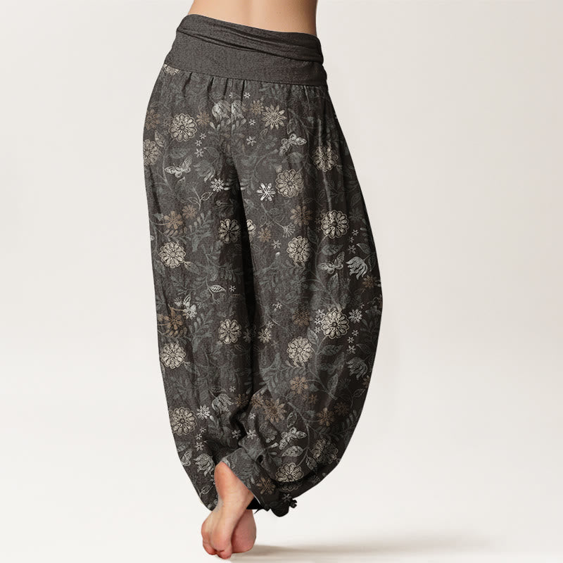 Pantalon Buddha Stones décontracté en pur coton avec motif de fleurs et de feuilles d'aster de New York pour femme, taille élastique