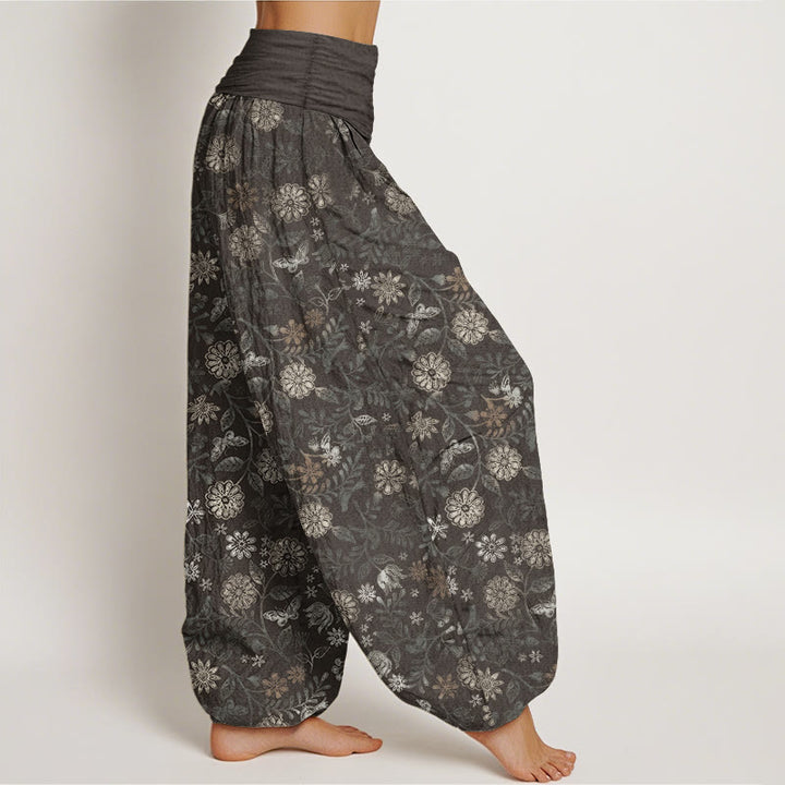 Pantalon Buddha Stones décontracté en pur coton avec motif de fleurs et de feuilles d'aster de New York pour femme, taille élastique