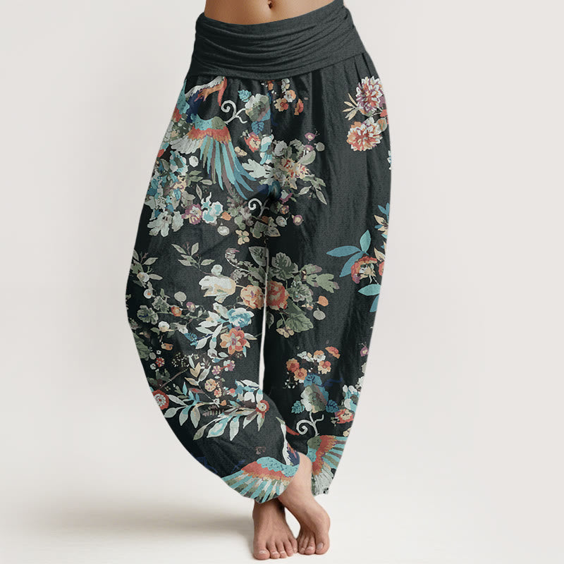 Pantalon sarouel en pur coton avec Buddha Stones et motifs de fleurs colorées, d'oiseaux et de feuilles pour femme, taille élastique - Noir - US22，UK/AU26，EU54 (6XL) - image 0