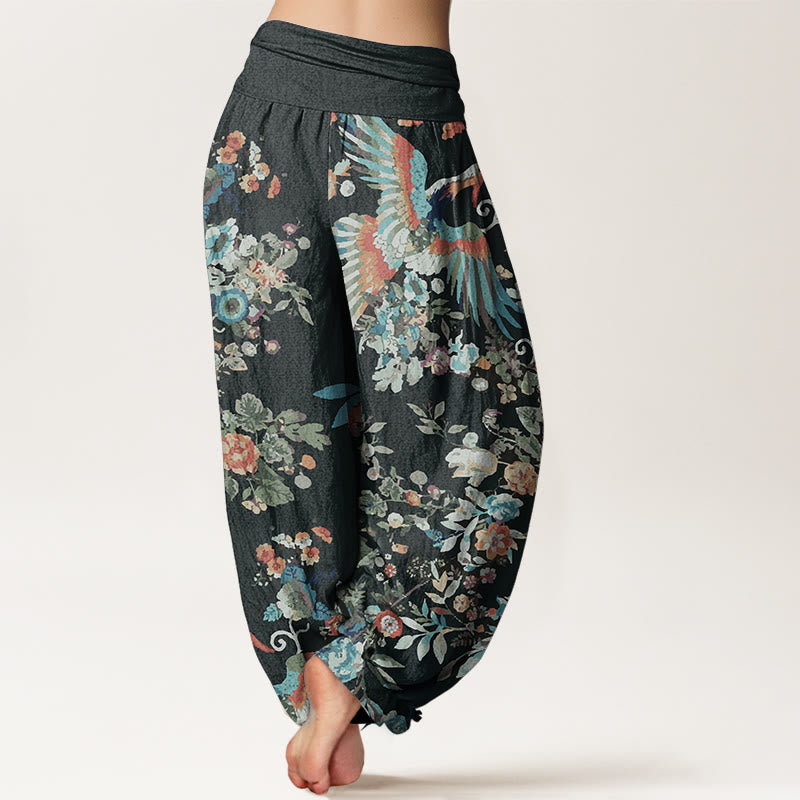 Pantalon sarouel en pur coton avec Buddha Stones et motifs de fleurs colorées, d'oiseaux et de feuilles pour femme, taille élastique - image 1