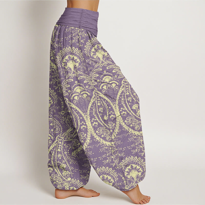 Pantalon sarouel femme en pur coton à motif cachemire et fleurs Buddha Stones, taille élastique