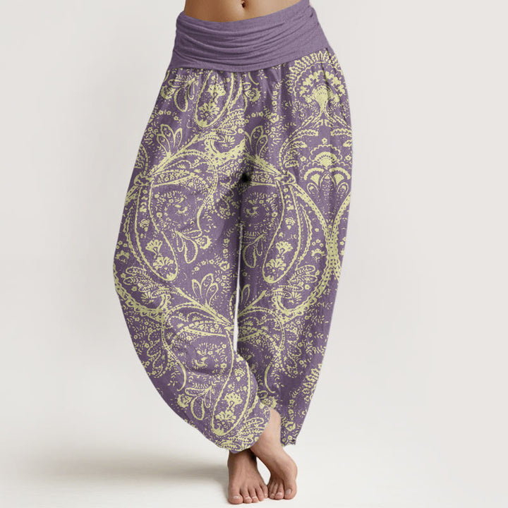 Pantalon sarouel femme en pur coton à motif cachemire et fleurs Buddha Stones, taille élastique