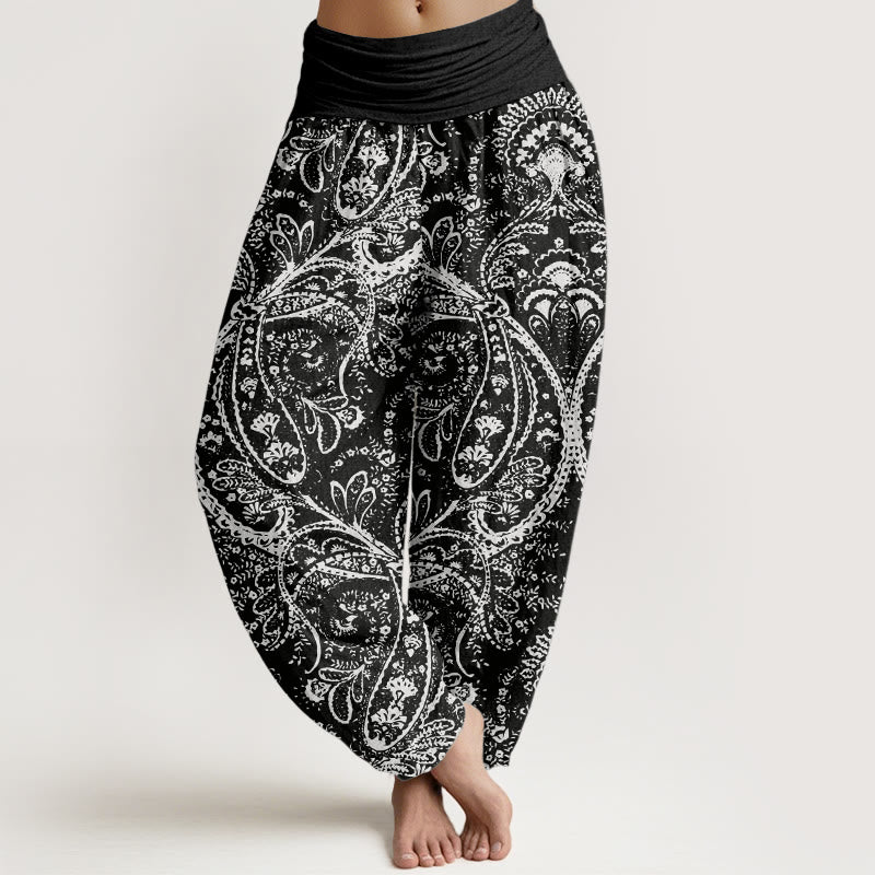 Pantalon sarouel femme en pur coton à motif cachemire et fleurs Buddha Stones, taille élastique - Noir - US22，UK/AU26，EU54 (6XL) - image 9