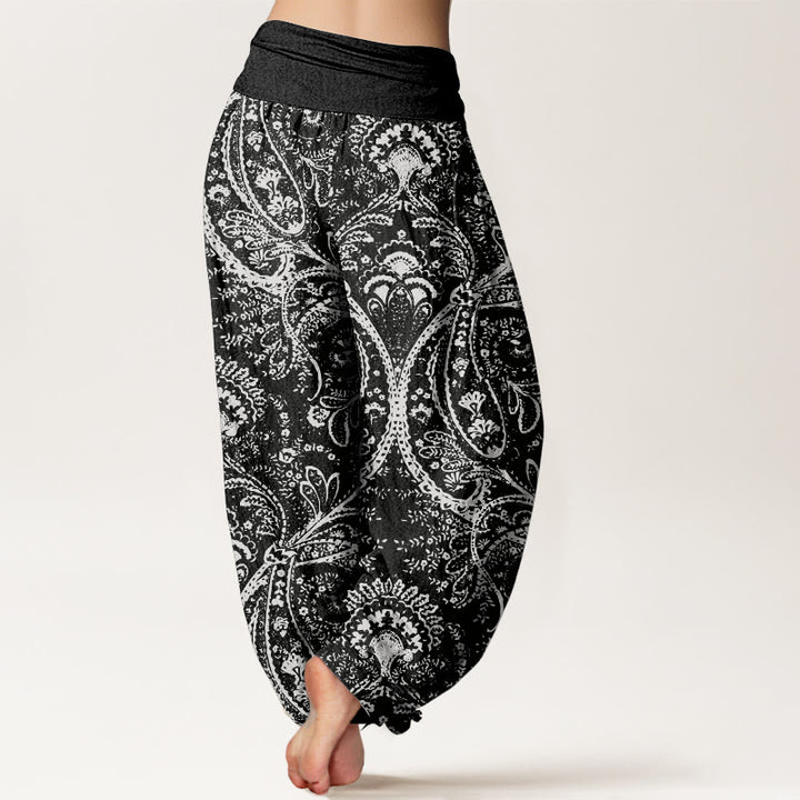 Pantalon sarouel femme en pur coton à motif cachemire et fleurs Buddha Stones, taille élastique