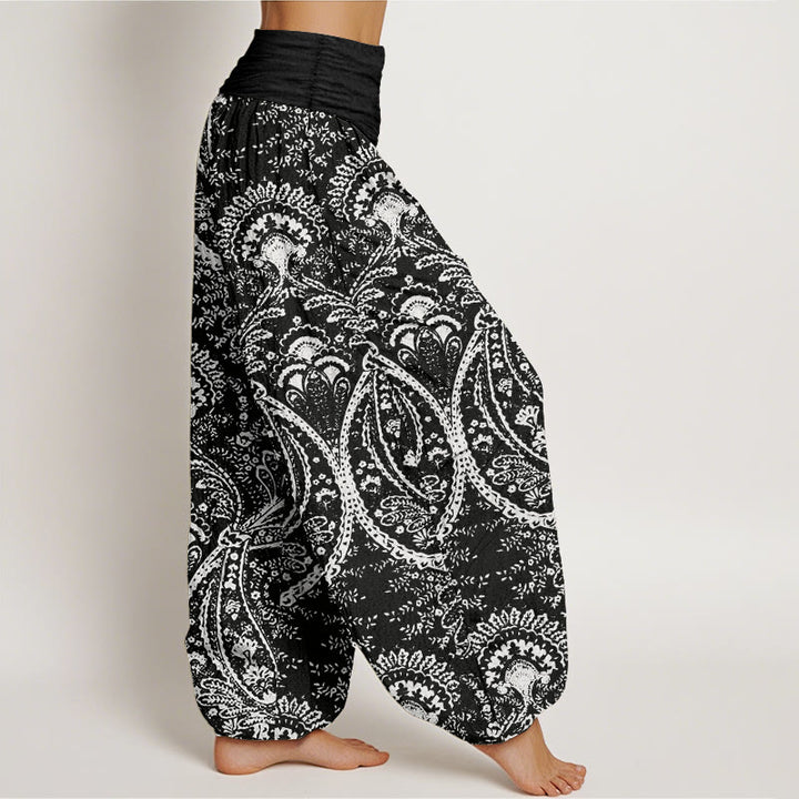 Pantalon sarouel femme en pur coton à motif cachemire et fleurs Buddha Stones, taille élastique