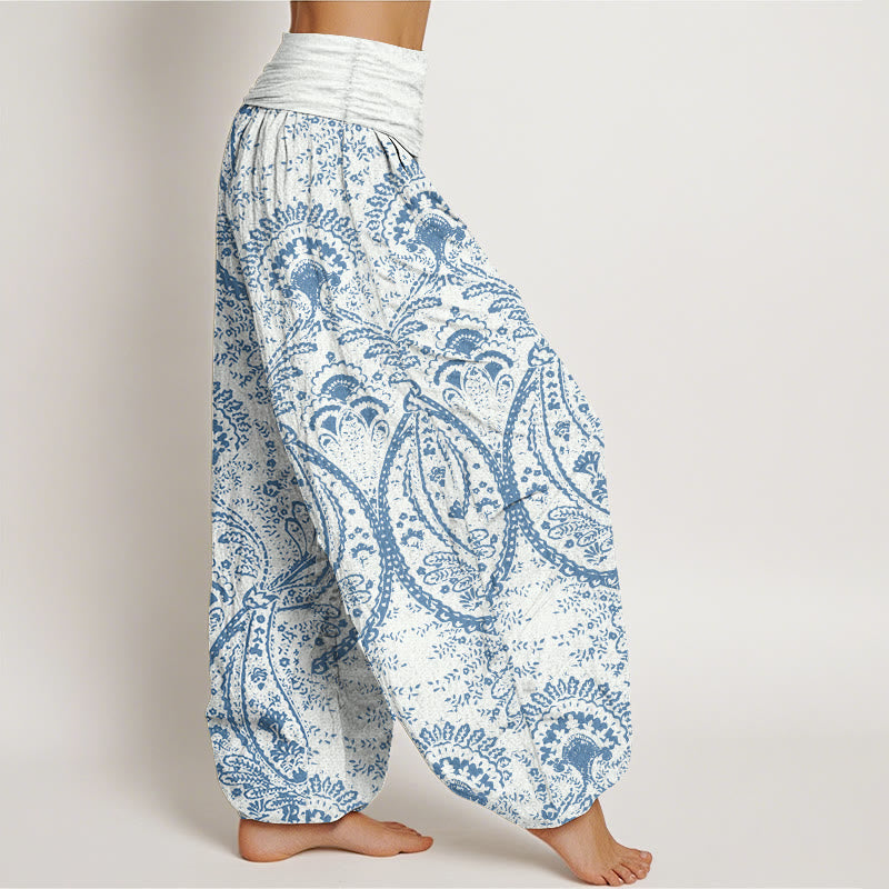 Pantalon sarouel femme en pur coton à motif cachemire et fleurs Buddha Stones, taille élastique