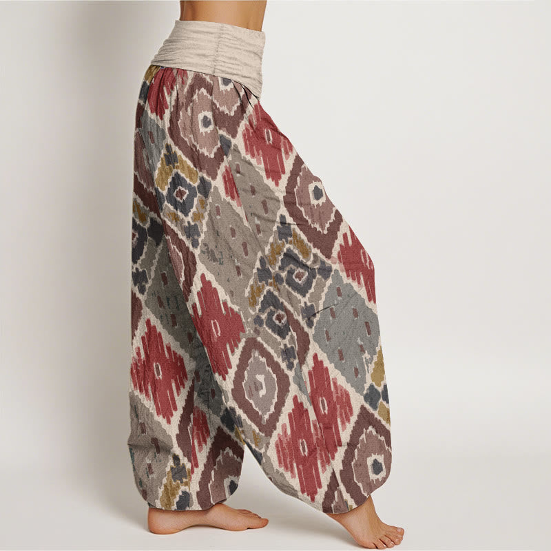 Pantalon sarouel à taille élastique en pur coton imprimé à carreaux Buddha Stones pour femme