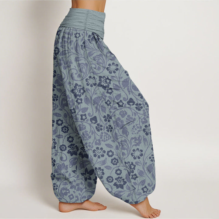 Pantalon Buddha Stones femme en pur coton avec petites fleurs et branches entrelacées, taille élastique