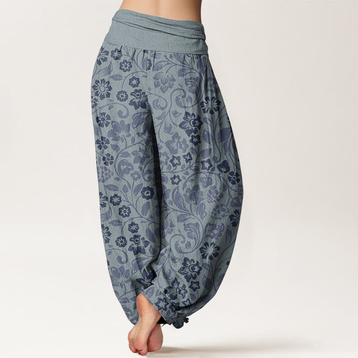Pantalon Buddha Stones femme en pur coton avec petites fleurs et branches entrelacées, taille élastique