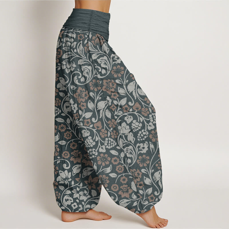 Pantalon Buddha Stones femme en pur coton avec petites fleurs et branches entrelacées, taille élastique
