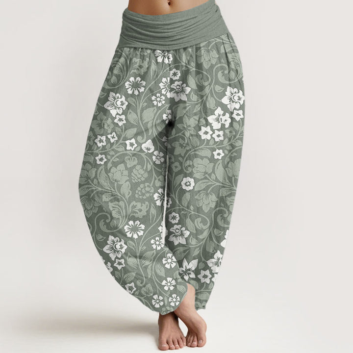 Pantalon Buddha Stones femme en pur coton avec petites fleurs et branches entrelacées, taille élastique