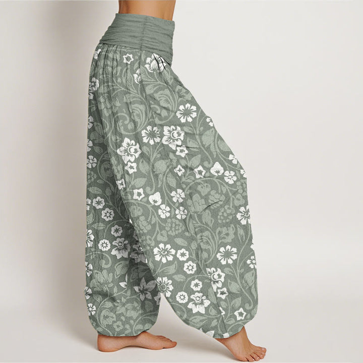 Pantalon Buddha Stones femme en pur coton avec petites fleurs et branches entrelacées, taille élastique