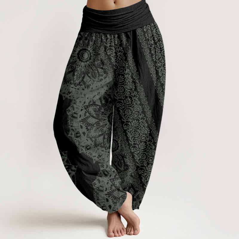 Pantalon Buddha Stones femme en pur coton avec motif mandala et fleurs parallèles, taille élastique