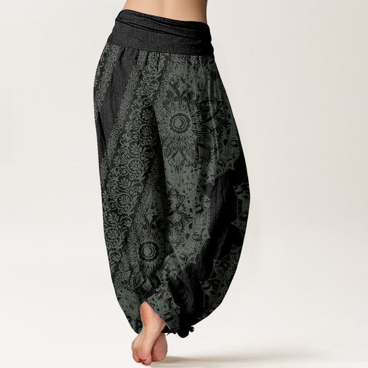 Pantalon Buddha Stones femme en pur coton avec motif mandala et fleurs parallèles, taille élastique