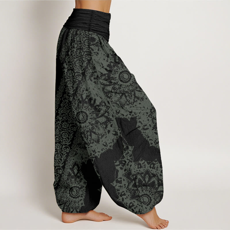 Pantalon Buddha Stones femme en pur coton avec motif mandala et fleurs parallèles, taille élastique