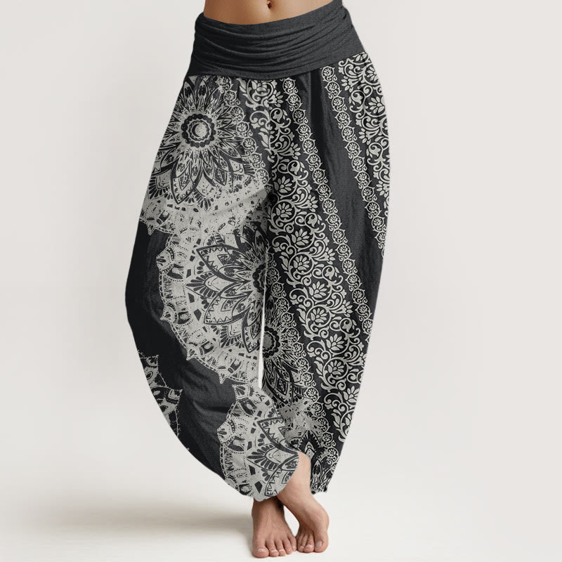 Pantalon Buddha Stones femme en pur coton avec motif mandala et fleurs parallèles, taille élastique - Gris terne - US22，UK/AU26，EU54 (6XL) - image 0