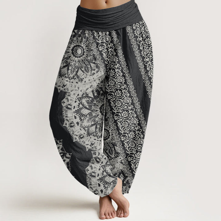 Pantalon Buddha Stones femme en pur coton avec motif mandala et fleurs parallèles, taille élastique