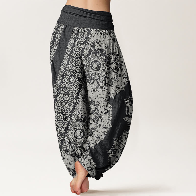 Pantalon Buddha Stones femme en pur coton avec motif mandala et fleurs parallèles, taille élastique