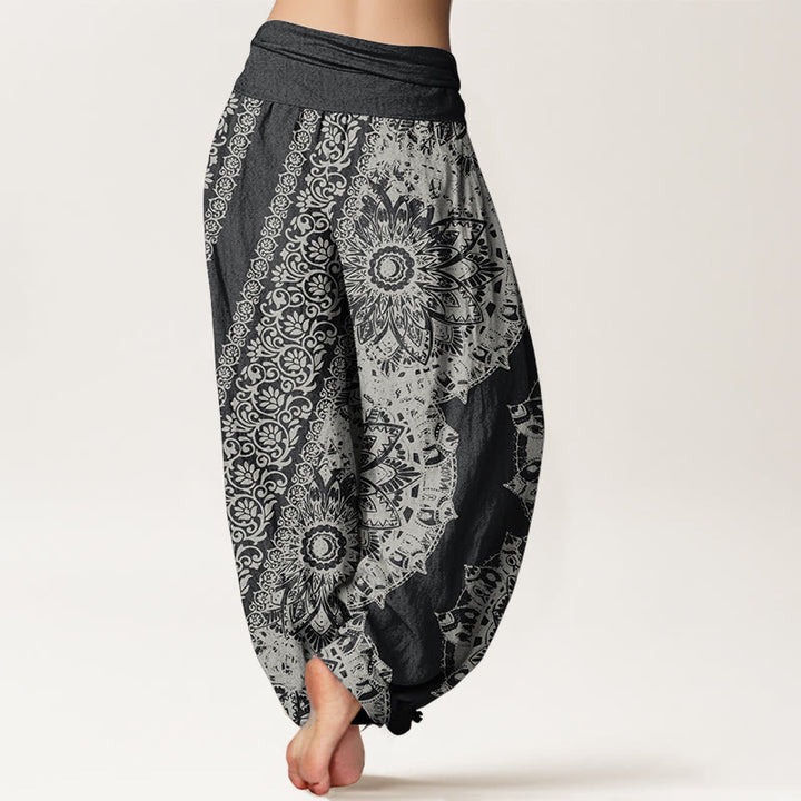 Pantalon Buddha Stones femme en pur coton avec motif mandala et fleurs parallèles, taille élastique