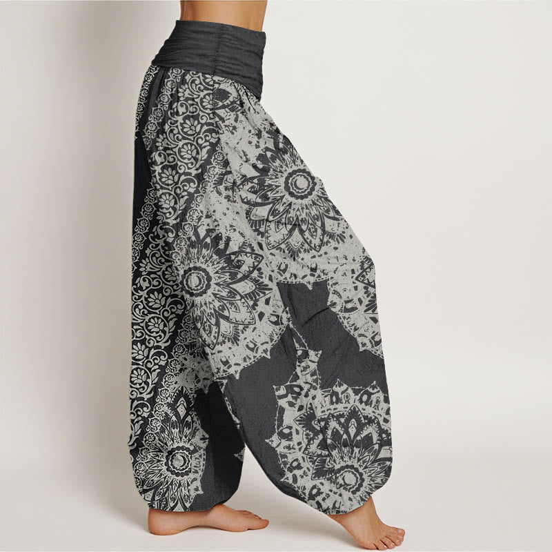 Pantalon Buddha Stones femme en pur coton avec motif mandala et fleurs parallèles, taille élastique