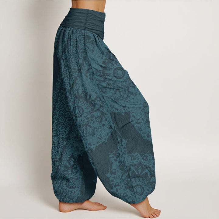 Pantalon Buddha Stones femme en pur coton avec motif mandala et fleurs parallèles, taille élastique