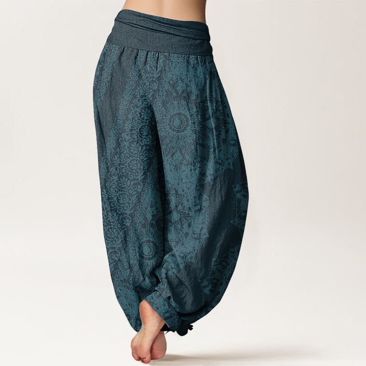 Pantalon Buddha Stones femme en pur coton avec motif mandala et fleurs parallèles, taille élastique - image 7