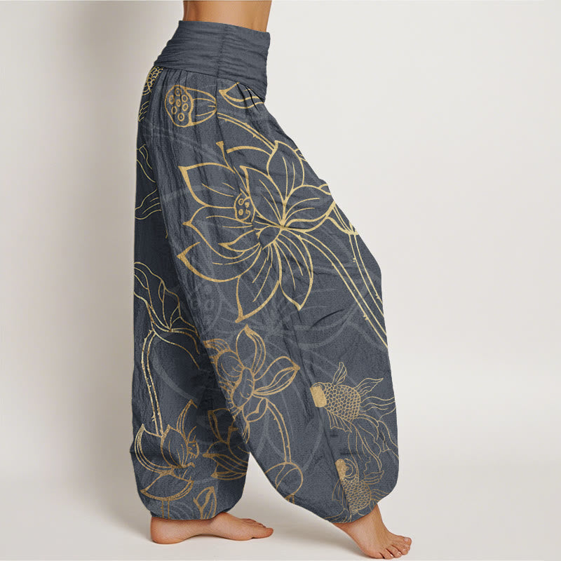 Pantalon Buddha Stones taille élastique en pur coton motif feuilles de lotus et poissons koï pour femme
