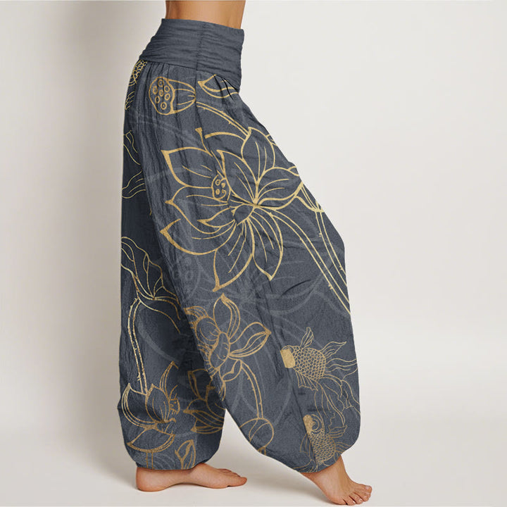 Pantalon Buddha Stones taille élastique en pur coton motif feuilles de lotus et poissons koï pour femme