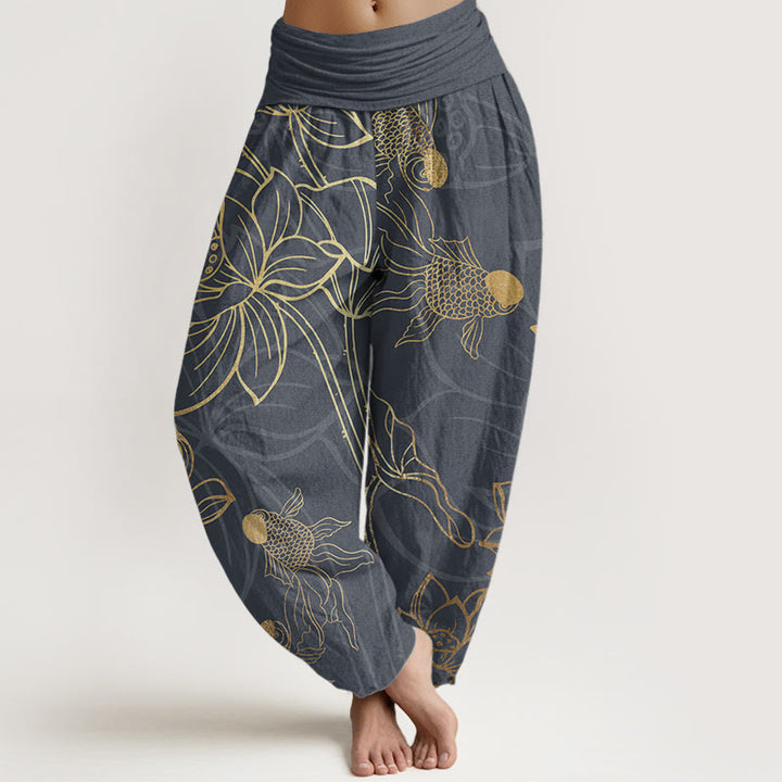 Pantalon Buddha Stones taille élastique en pur coton motif feuilles de lotus et poissons koï pour femme