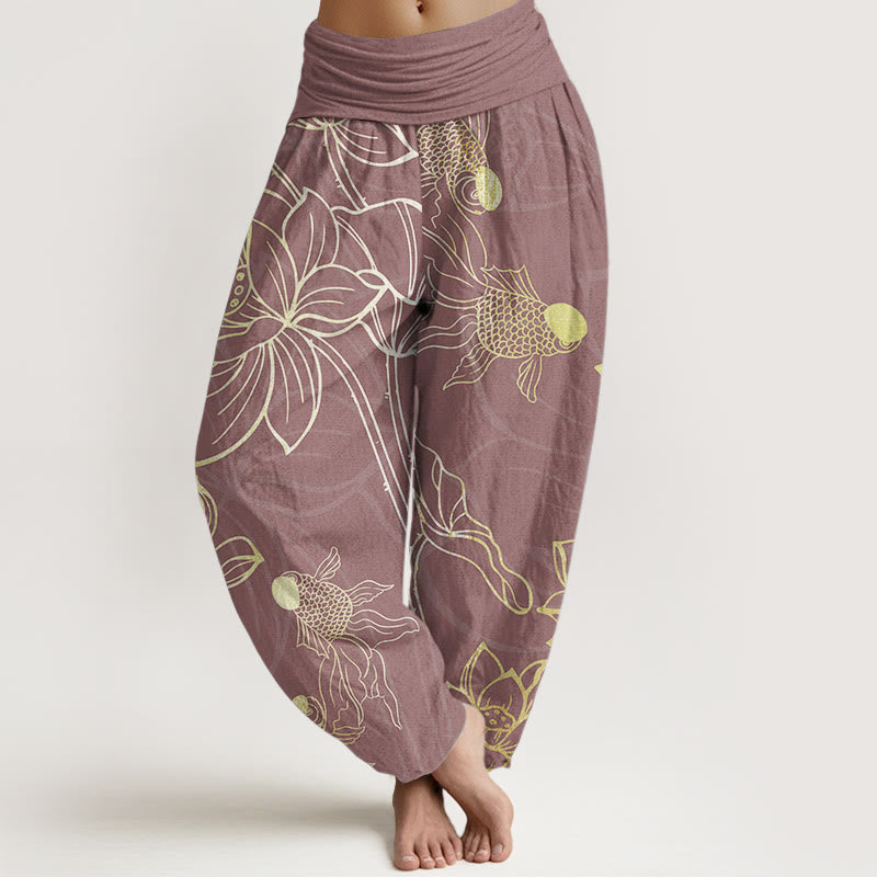 Pantalon Buddha Stones taille élastique en pur coton motif feuilles de lotus et poissons koï pour femme