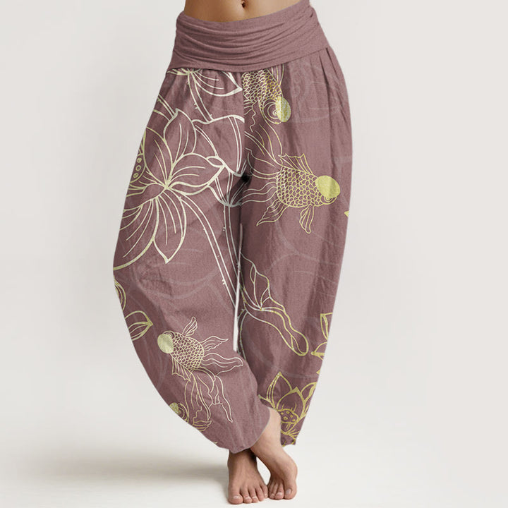 Pantalon Buddha Stones taille élastique en pur coton motif feuilles de lotus et poissons koï pour femme