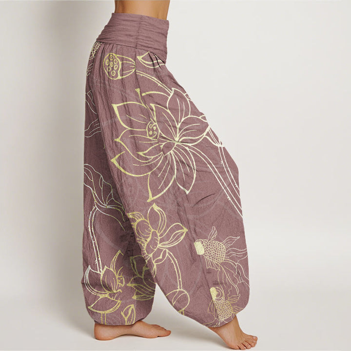 Pantalon Buddha Stones taille élastique en pur coton motif feuilles de lotus et poissons koï pour femme